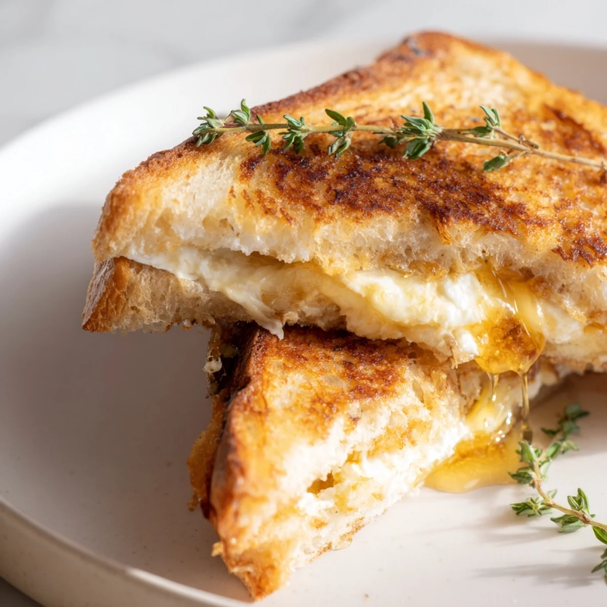 Sliced goat cheese and honey grilled cheese revealing layers of melted cheese and sweet honey on toasted country bread