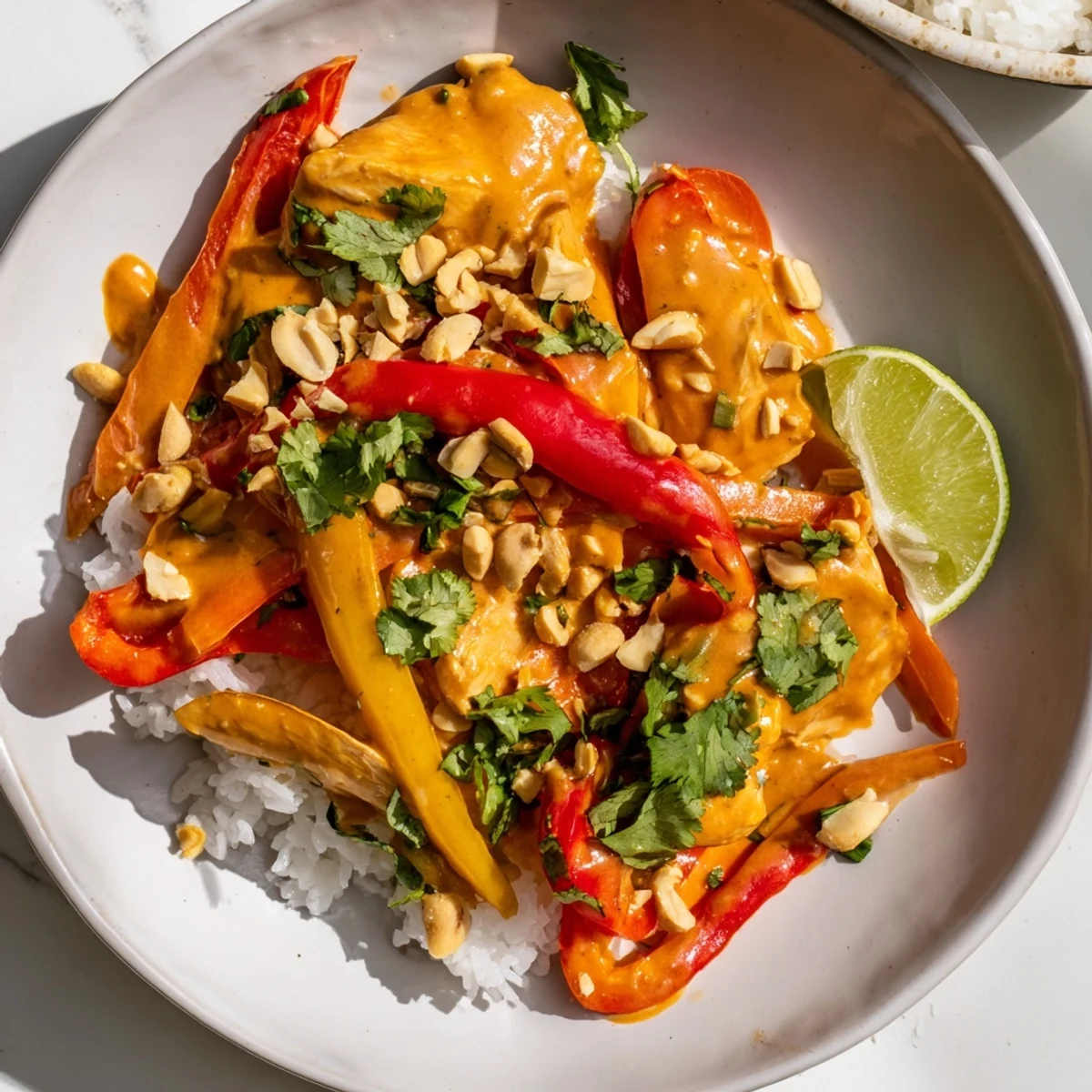 Slow cooker peanut chicken featuring tender shredded thighs coated in creamy peanut sauce with colorful bell peppers and onions