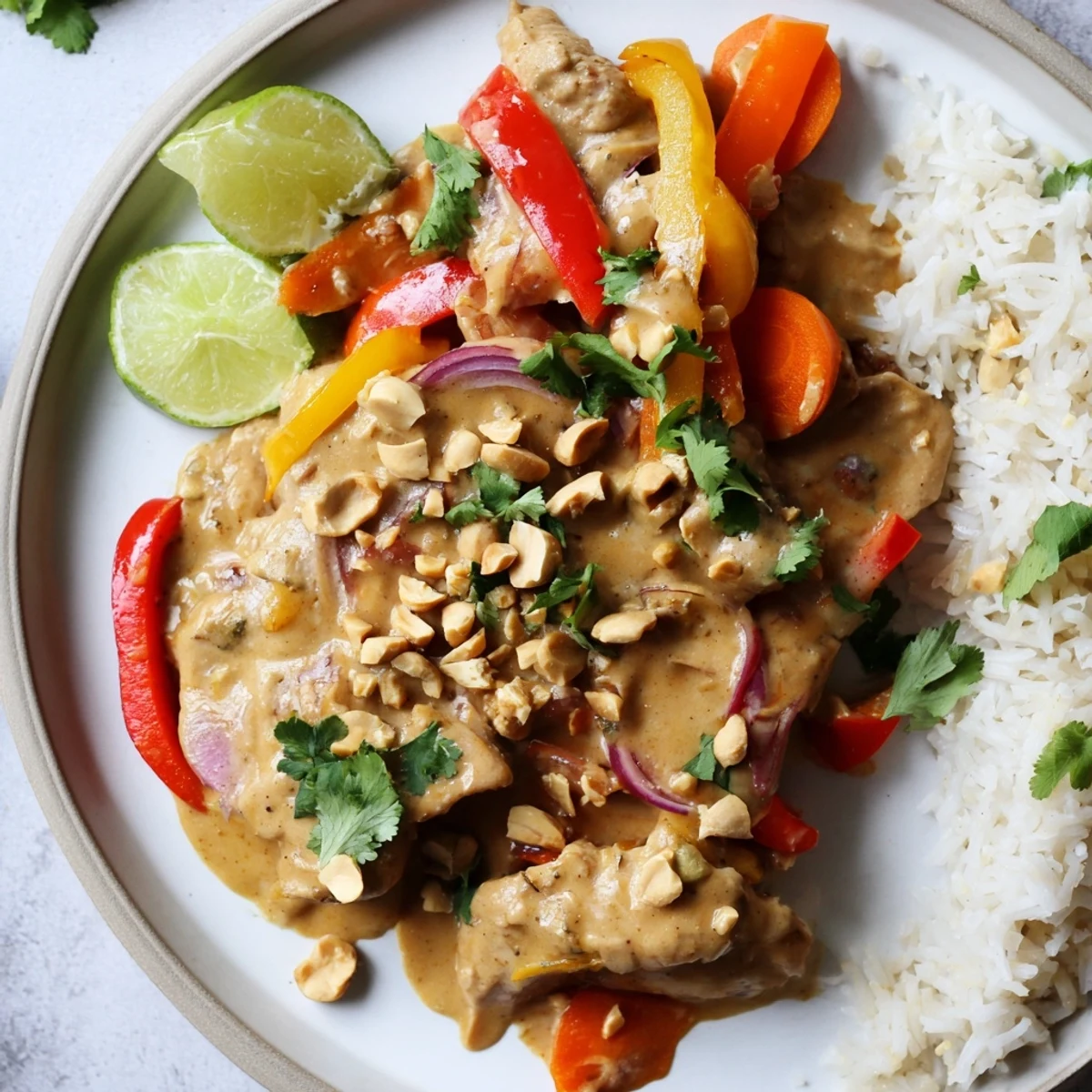 Creamy slow cooker peanut chicken served over steamed jasmine rice with chopped peanuts and fresh cilantro garnish
