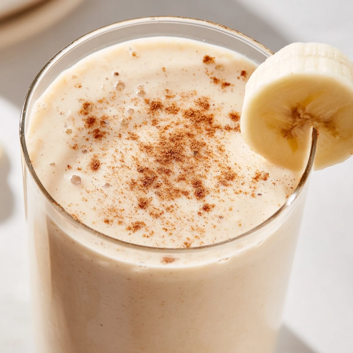 Creamy Greek yogurt banana smoothie poured into a tall glass topped with fresh banana slices