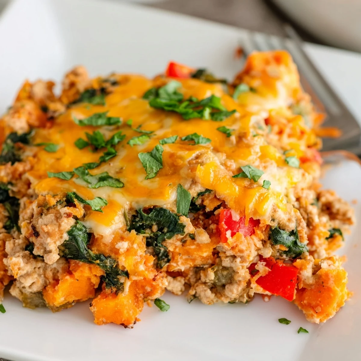 Family-sized ground turkey sweet potato bake fresh from the oven with bubbling cheese topping