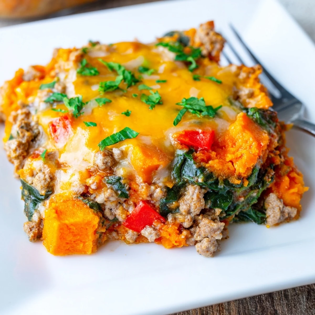 Hearty casserole dish featuring seasoned ground turkey layered with tender diced sweet potatoes