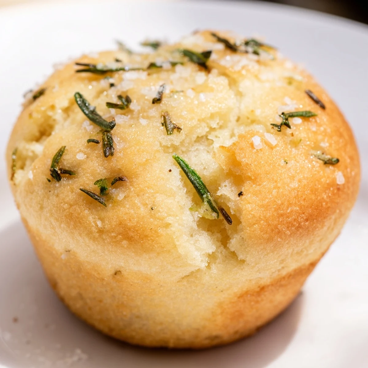 Golden garlic rosemary focaccia muffins sprinkled with flaky sea salt on a wooden board