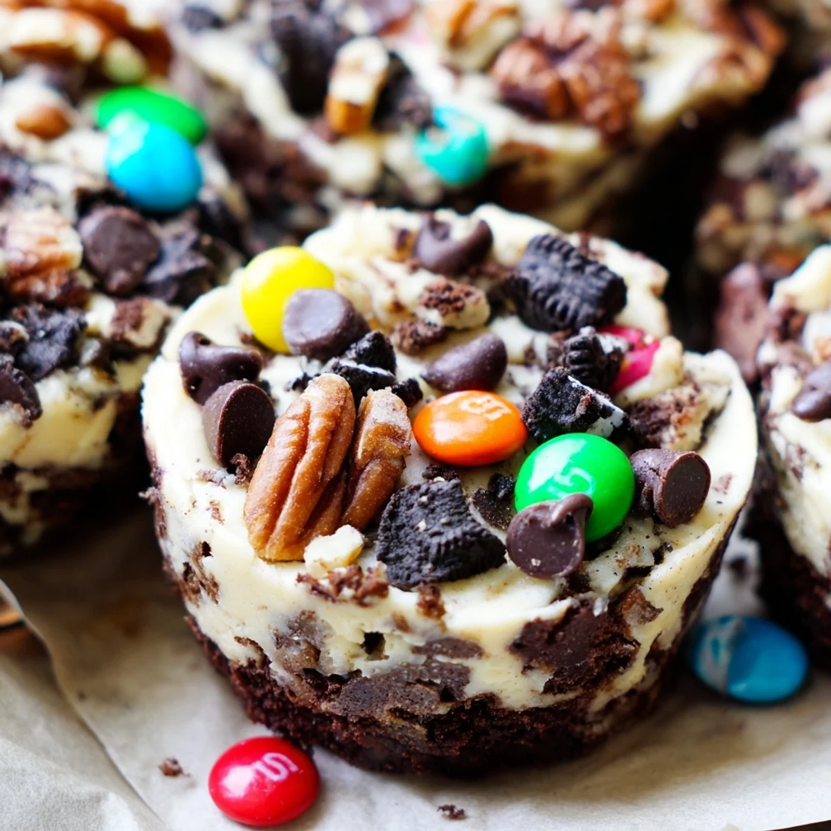 Rich fudgy loaded brownie cheesecake cups topped with colorful candy and chocolate chips