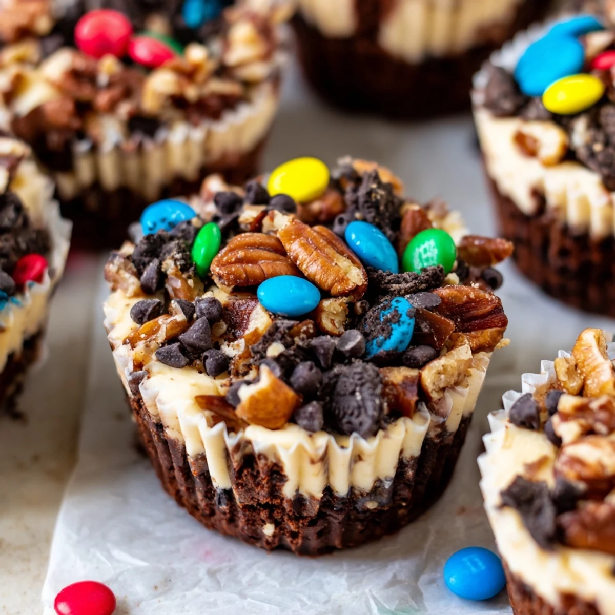 Individual loaded brownie cheesecake cups with creamy cheesecake layer and crushed cookie toppings