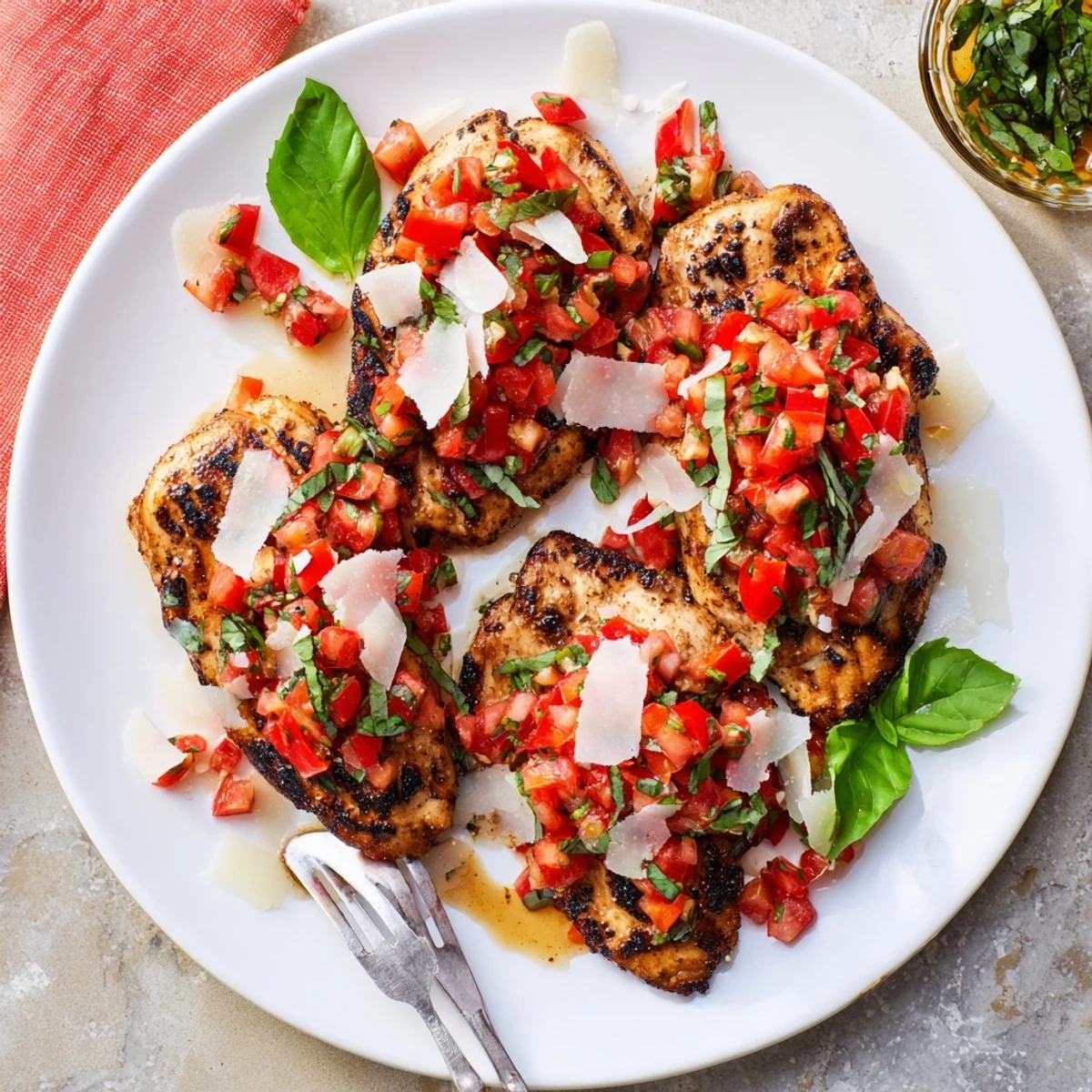 Golden grilled chicken breast topped with colorful diced tomatoes and fresh basil bruschetta
