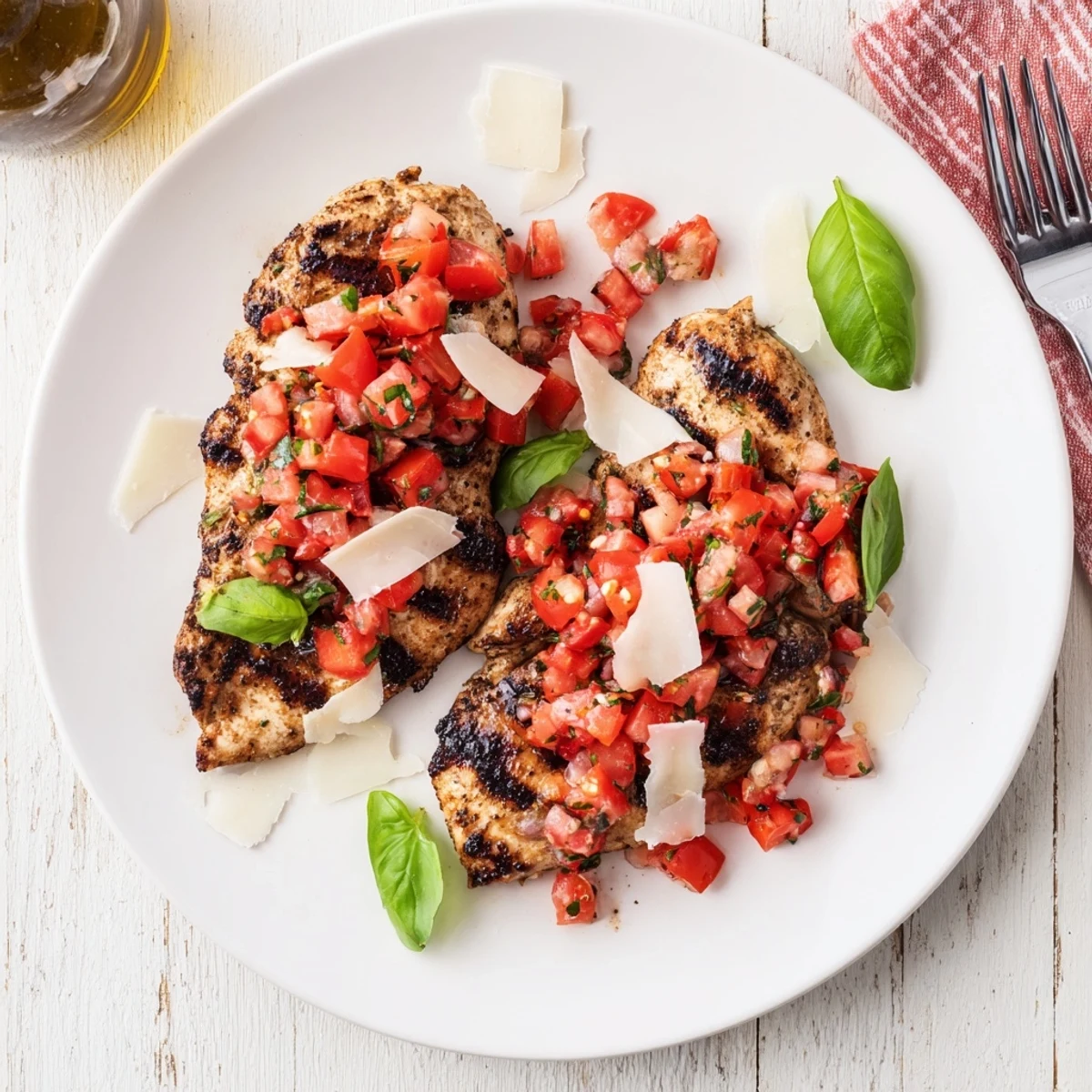Tender grilled chicken topped with vibrant tomato basil bruschetta mixture, served family style