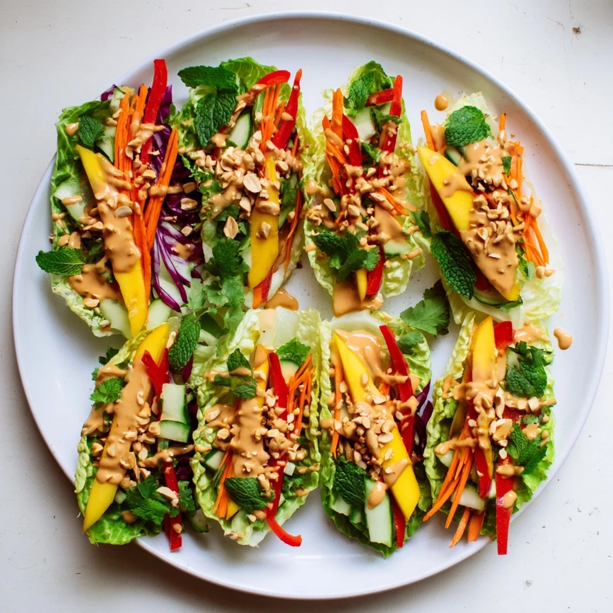 Colorful Thai mango cabbage wraps drizzled with creamy peanut sauce and fresh herbs