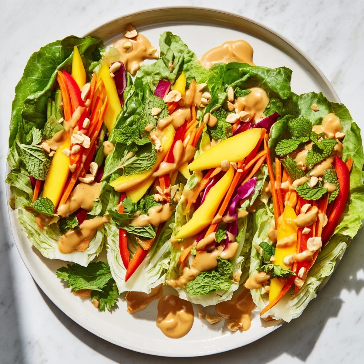 Fresh Thai mango cabbage wraps topped with tangy peanut sauce and crushed peanuts