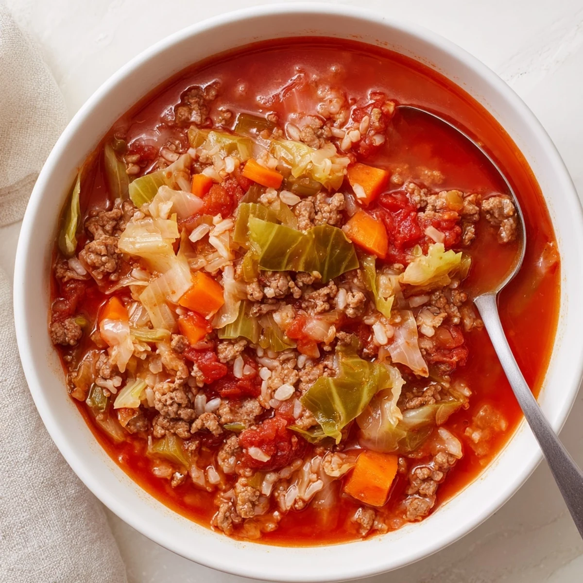 Steamy bowl of unstuffed cabbage roll soup garnished with fresh parsley and sour cream