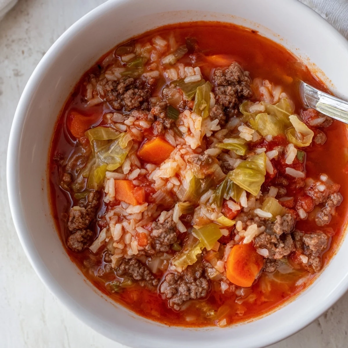 Hearty unstuffed cabbage roll soup featuring tender beef, rice, and vegetables in rich tomato broth