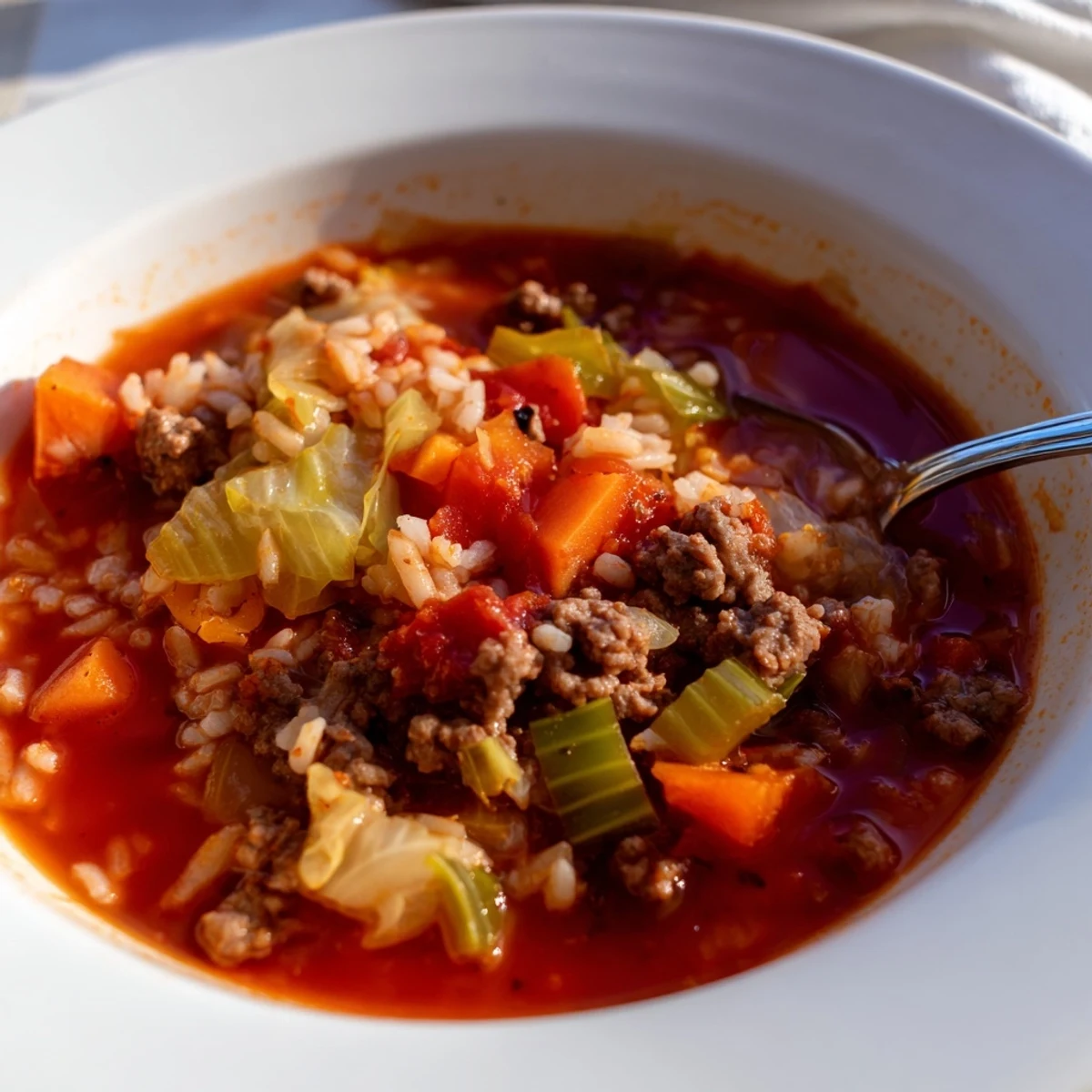  Rustic pot of unstuffed cabbage roll soup simmered with ground beef, cabbage, and aromatic herbs