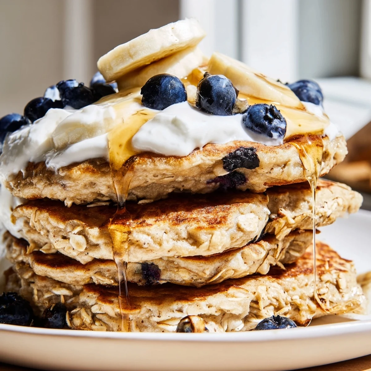 Golden stack of banana oatmeal pancakes topped with creamy Greek yogurt and fresh berries