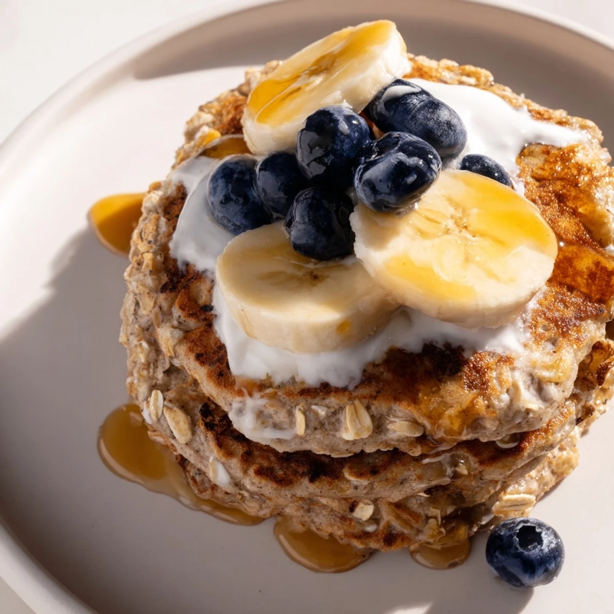 Wholesome banana oatmeal pancakes drizzled with maple syrup and garnished with Greek yogurt