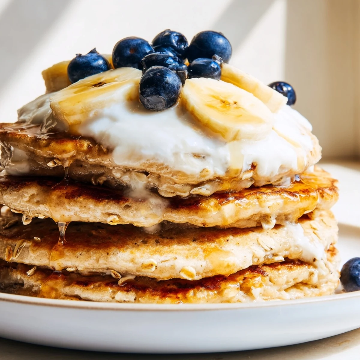 Fluffy American breakfast pancakes featuring mashed bananas oats served with tangy yogurt topping