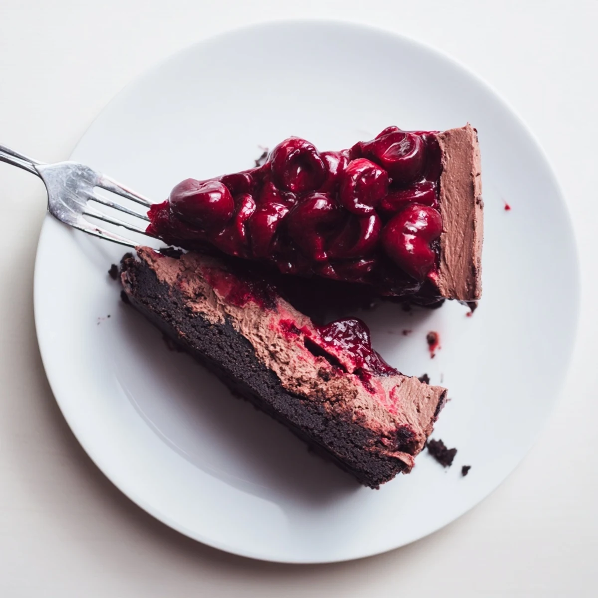 Decadent dark chocolate cherry cheesecake featuring swirled chocolate filling topped with vibrant glazed cherries