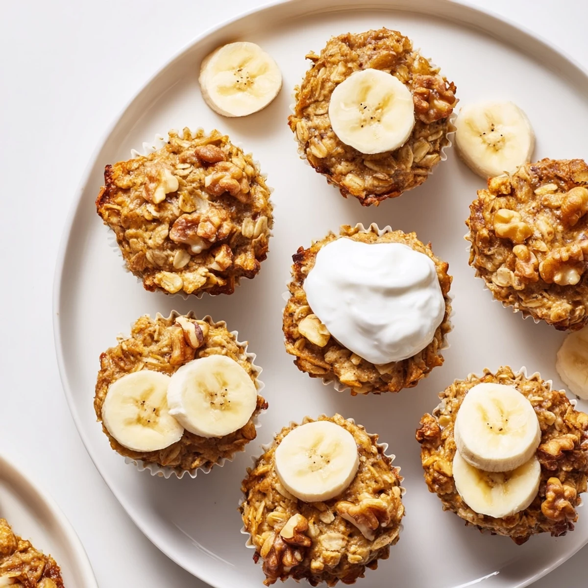 Moist breakfast oatmeal cups featuring ripe bananas and creamy Greek yogurt on a white plate