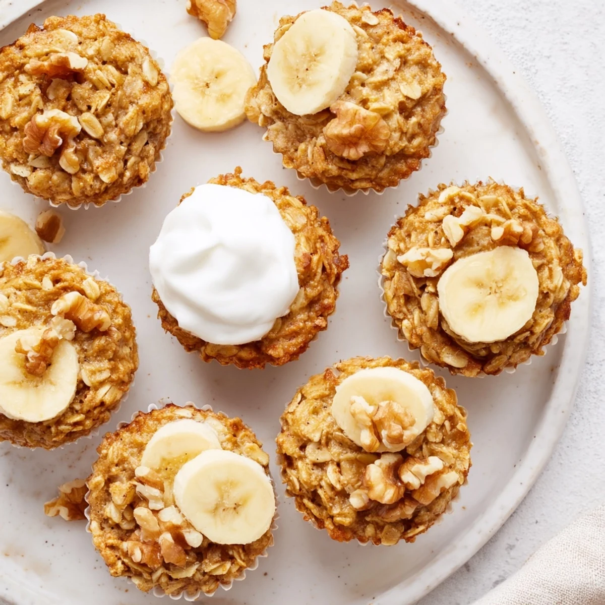 Golden banana baked oatmeal cups with Greek yogurt topped with fresh sliced bananas and honey