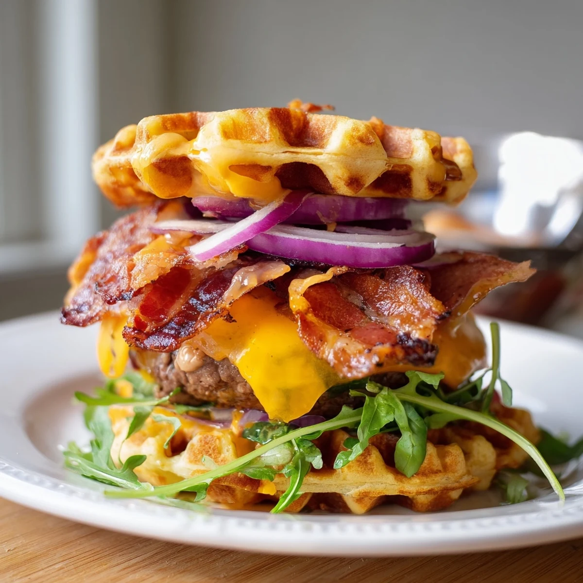 Golden waffle bun sandwiching juicy beef patty with melted cheddar and crispy maple glazed bacon