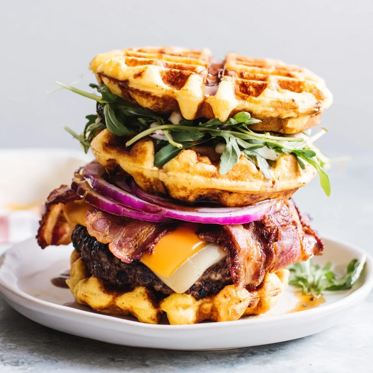 Stacked maple bacon waffle burger featuring caramelized bacon slices, red onion, and peppery arugula on toasted waffles