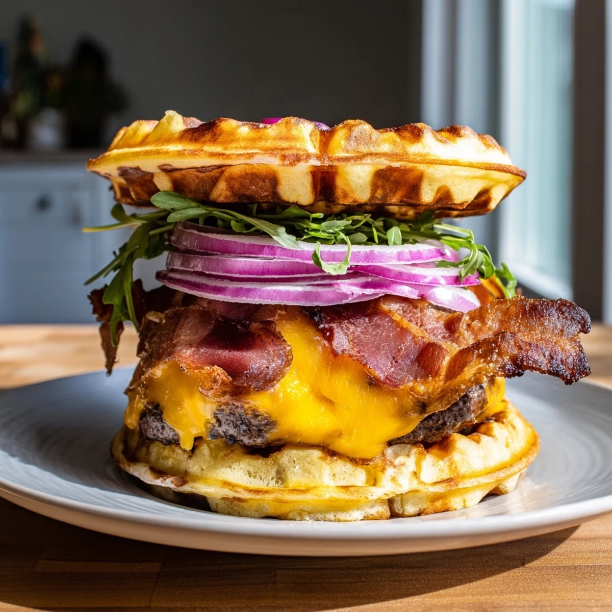 Savory sweet maple bacon waffle burger oozing melted cheese and topped with fresh arugula and red onion