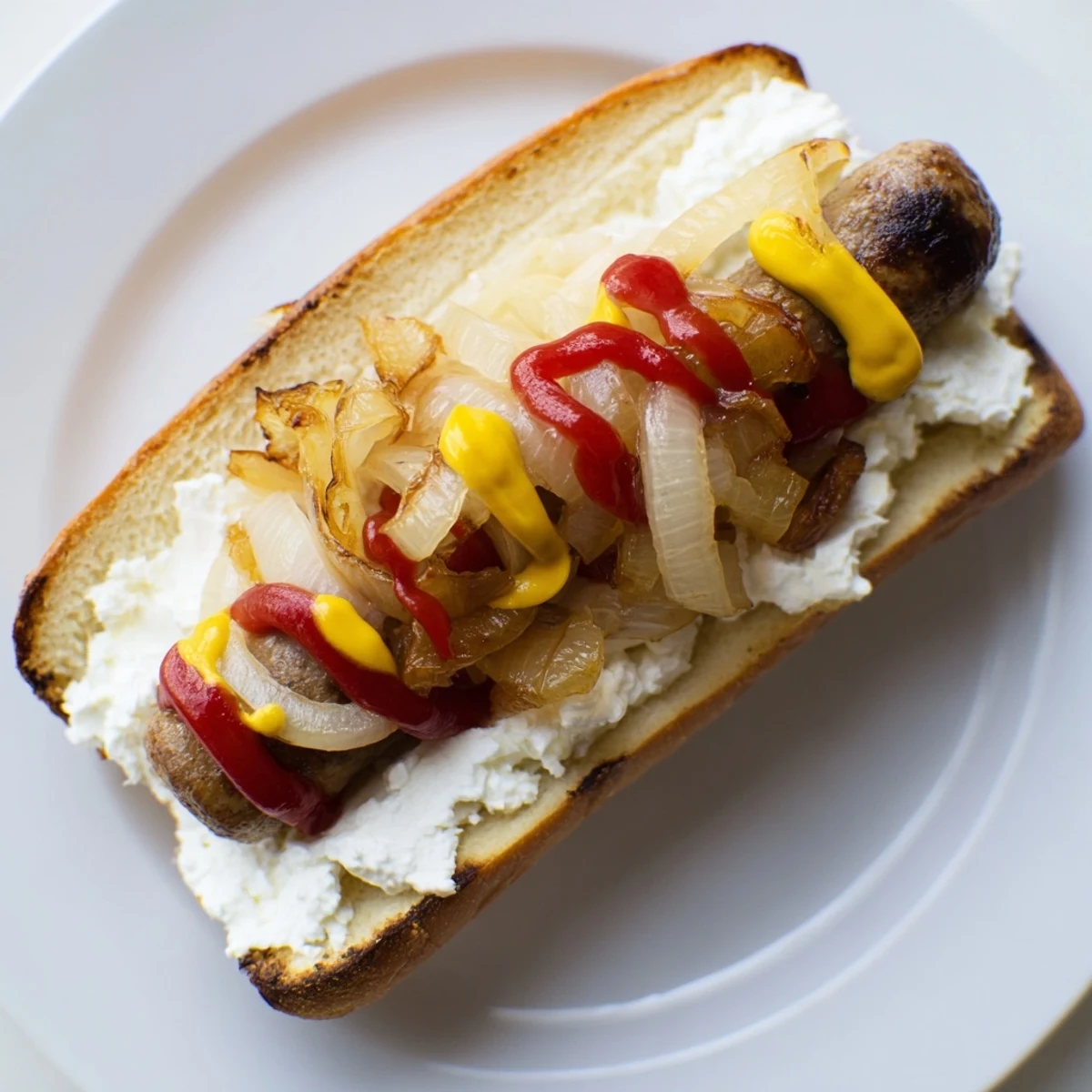 Grilled Seattle hot dogs topped with melted cream cheese and golden sautéed onions in toasted buns