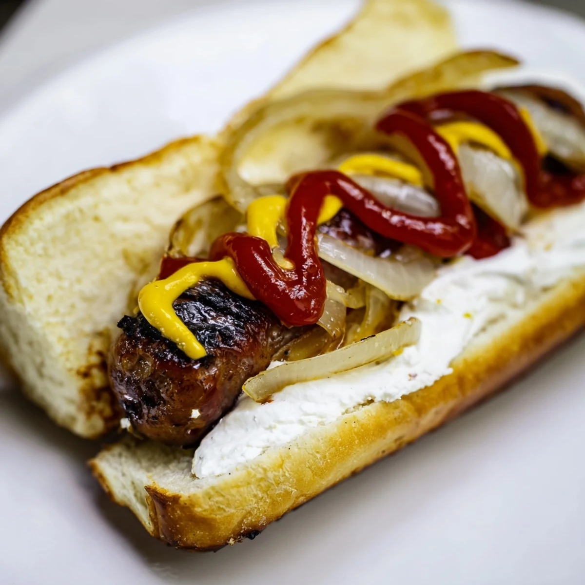 Seattle hot dogs loaded with creamy cheese topping caramelized peppers and classic condiments on a platter