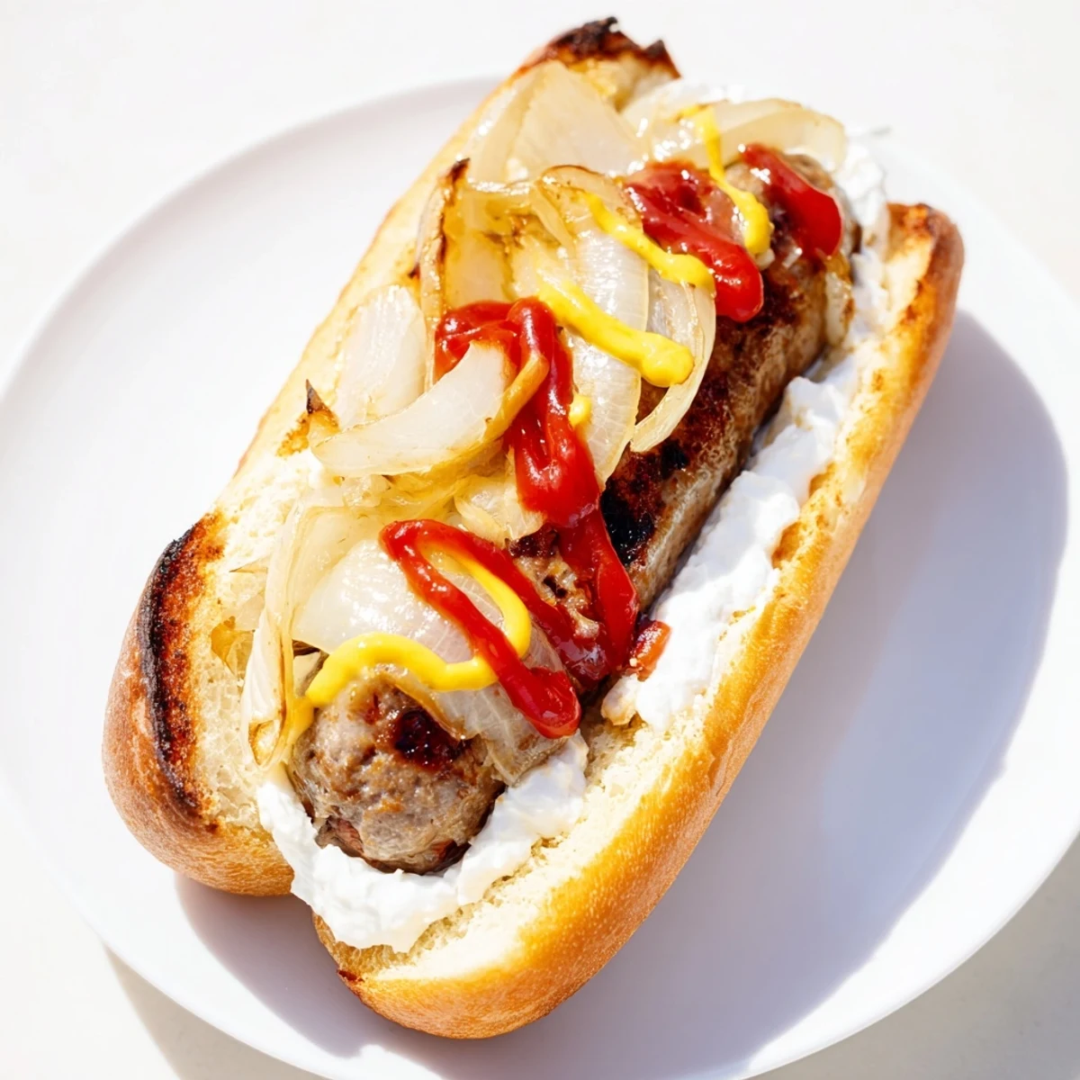 Close-up of Seattle style hot dogs with softened cream cheese grilled sausage and savory onions