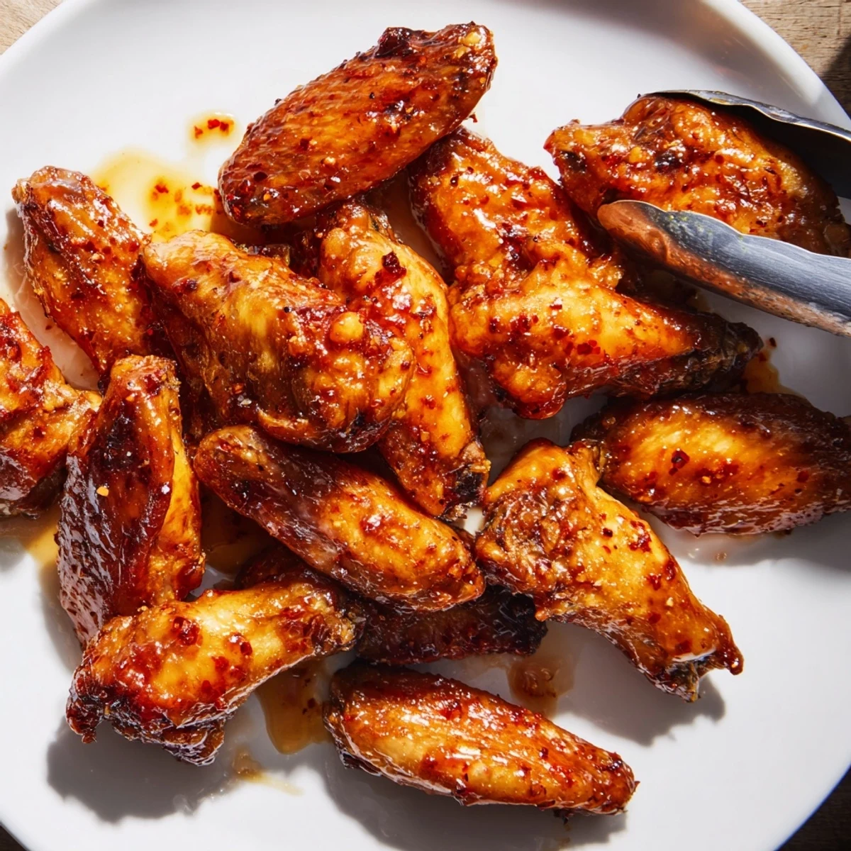 Smoked hot honey chicken wings arranged on a platter with dripping glaze