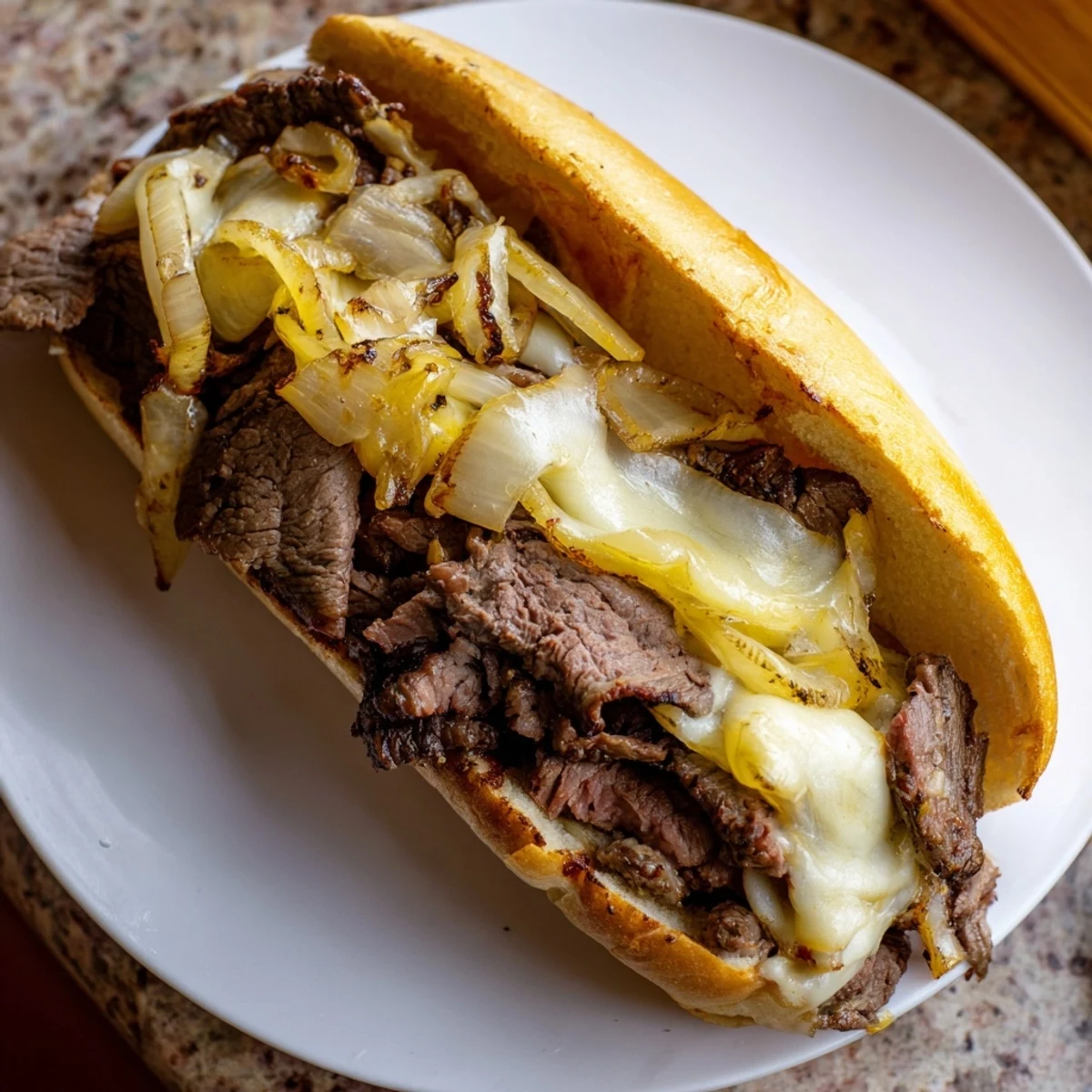 Sizzling ultimate griddled cheesesteak sandwich with melted provolone and caramelized onions on toasted hoagie roll