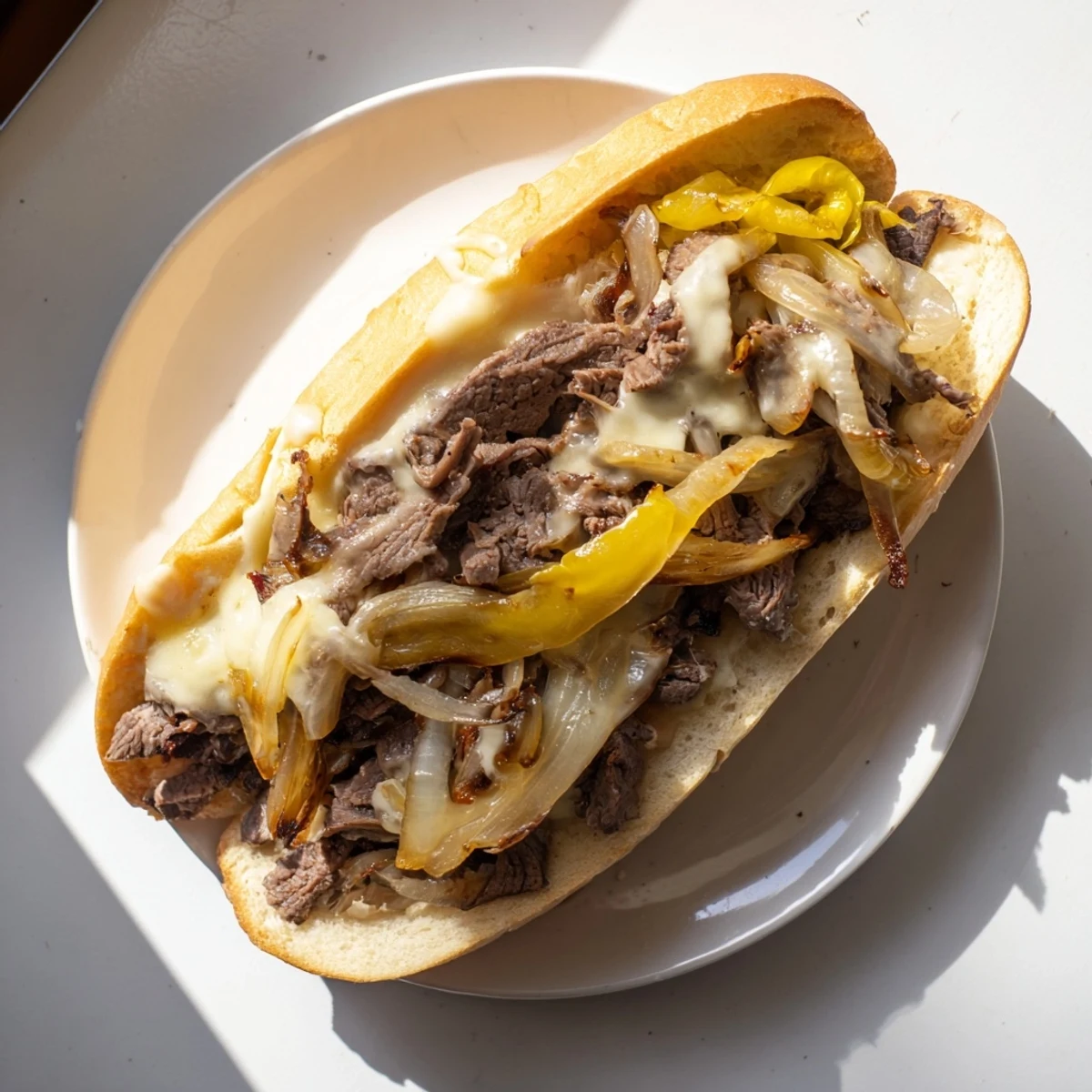 Toasted hoagie roll overflowing with ultimate griddled cheesesteak featuring tender steak and sautéed vegetables