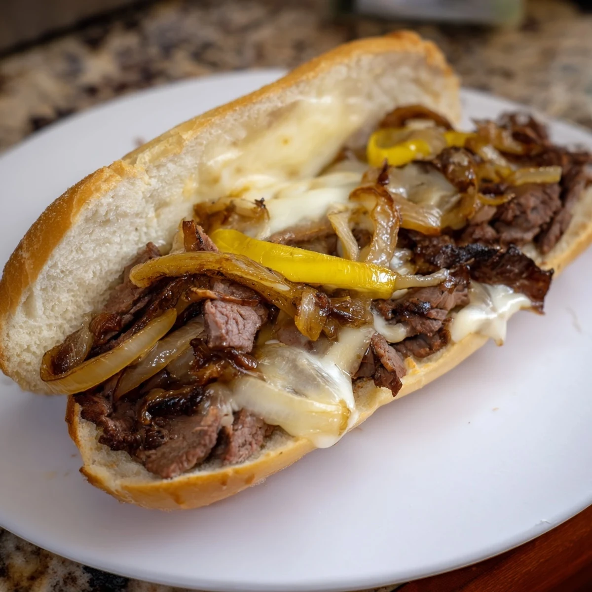 Golden brown ultimate griddled cheesesteak piled high with juicy ribeye beef and gooey cheese