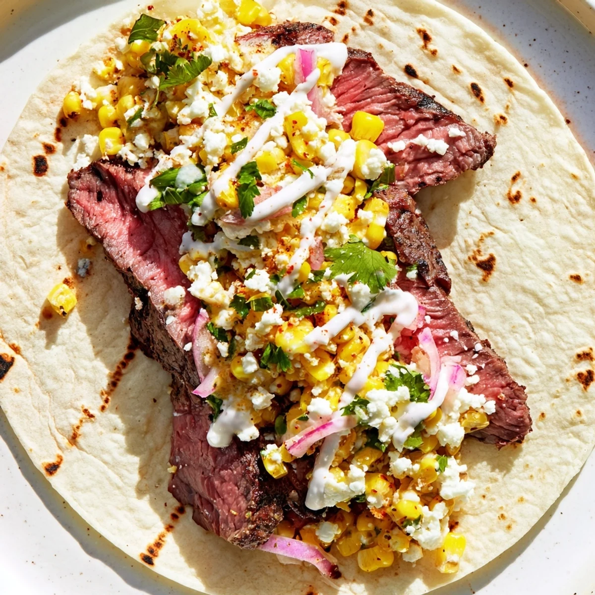 Charred steak and Mexican street corn elote tacos piled high with cheese and red onion