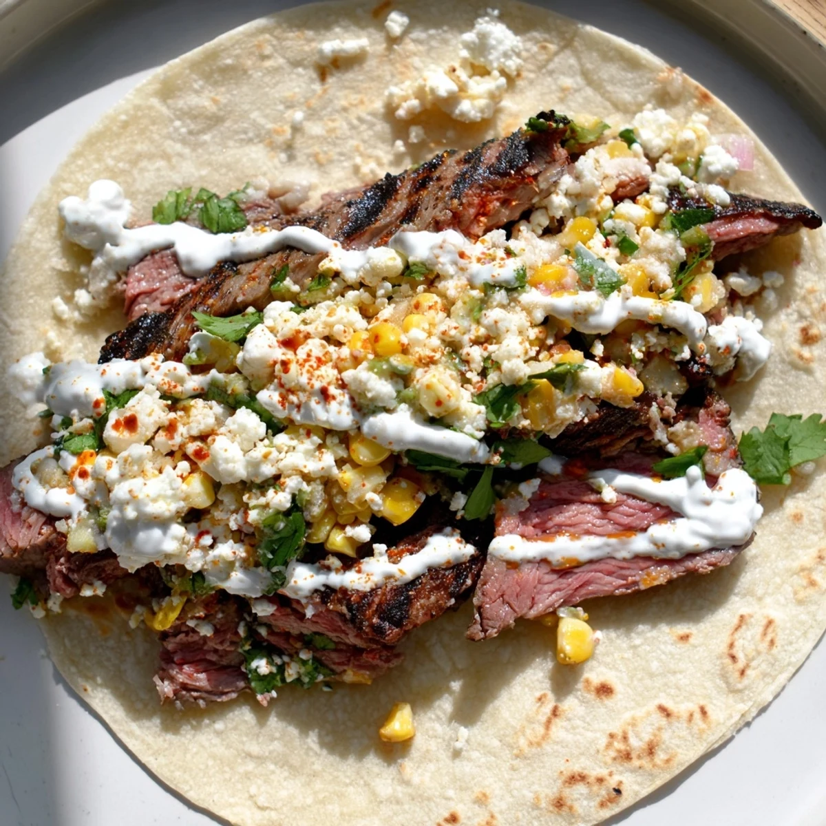 Golden grilled steak elote tacos topped with creamy cotija, fresh cilantro, and tangy crema