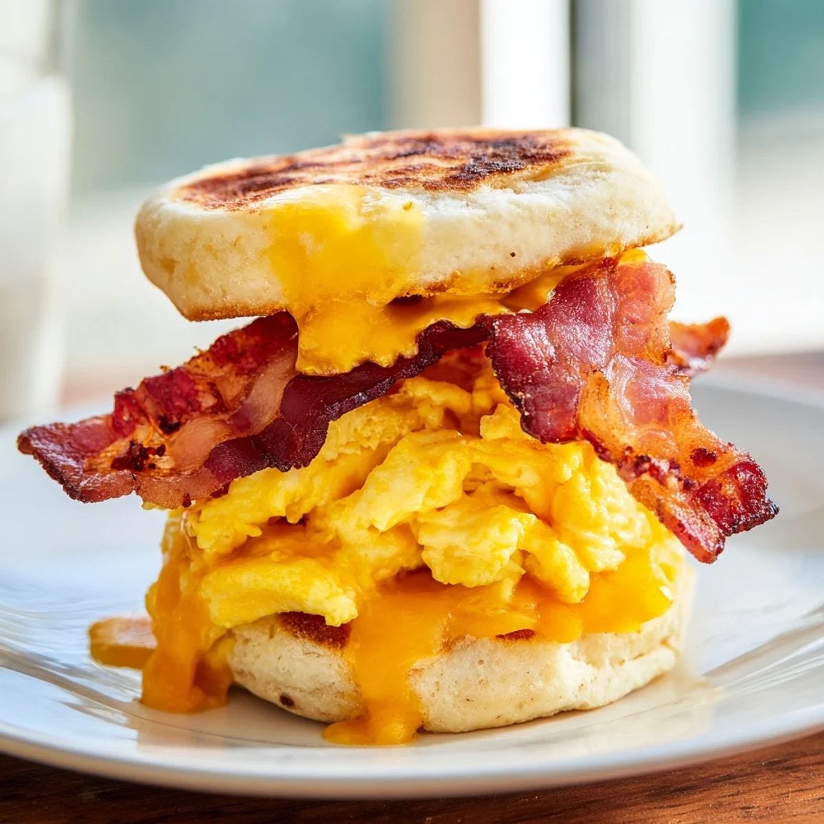 Golden griddle breakfast sandwich stacked with crispy bacon, fluffy eggs, and melted cheddar on toasted English muffin