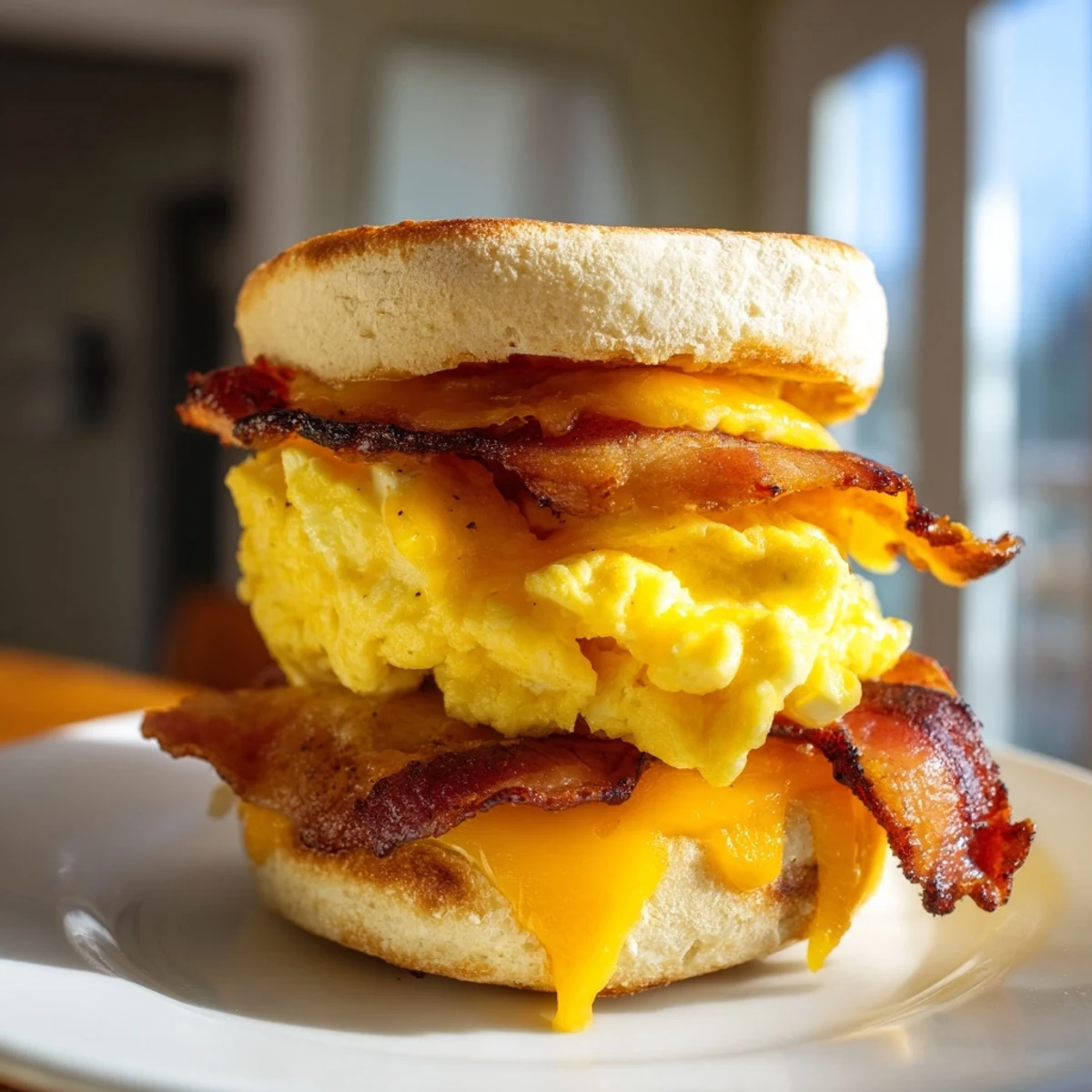 Homemade griddle breakfast sandwich featuring savory bacon, scrambled eggs, and gooey cheese between griddle-toasted muffin halves