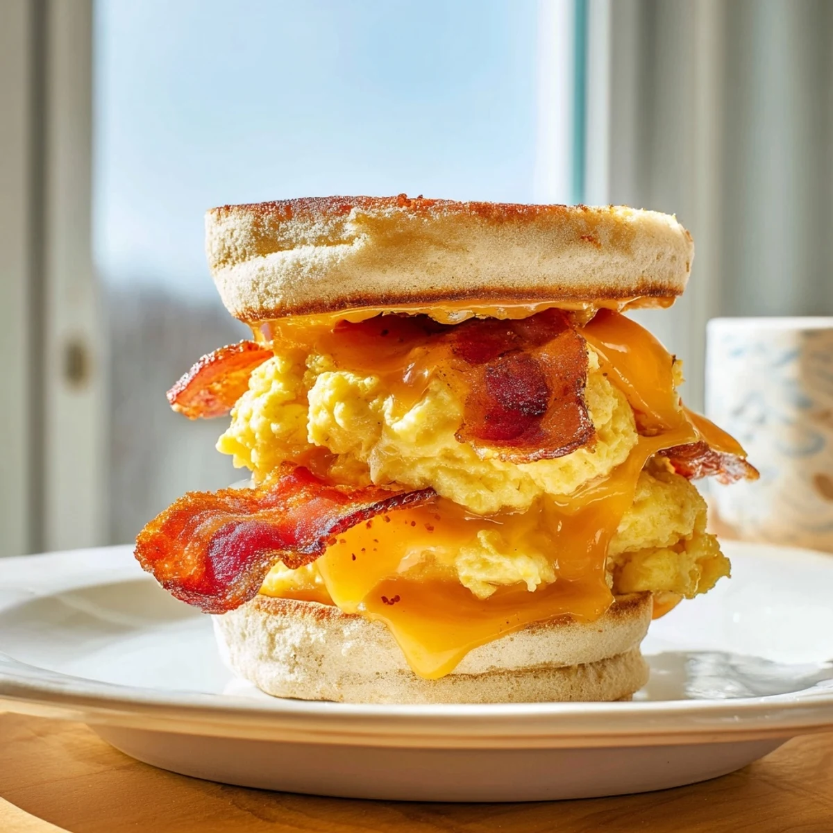 Hearty American breakfast sandwich with crispy bacon strips, cheesy scrambled eggs, and warm toasted English muffin layers