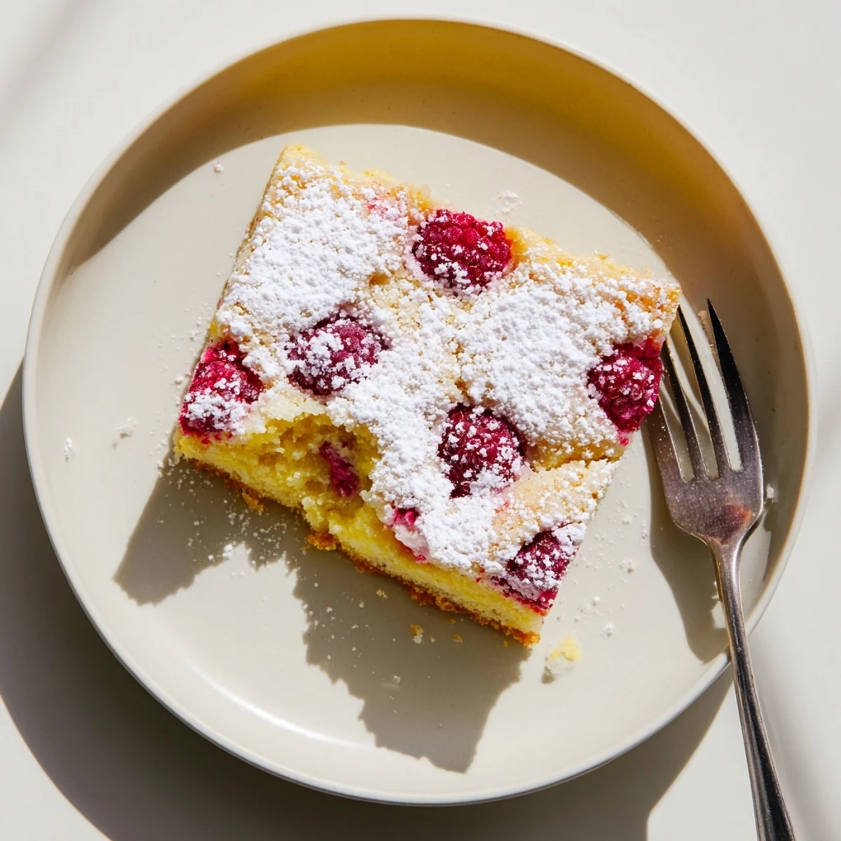 Golden raspberry lemonade bars with buttery shortbread crust and powdered sugar dusting