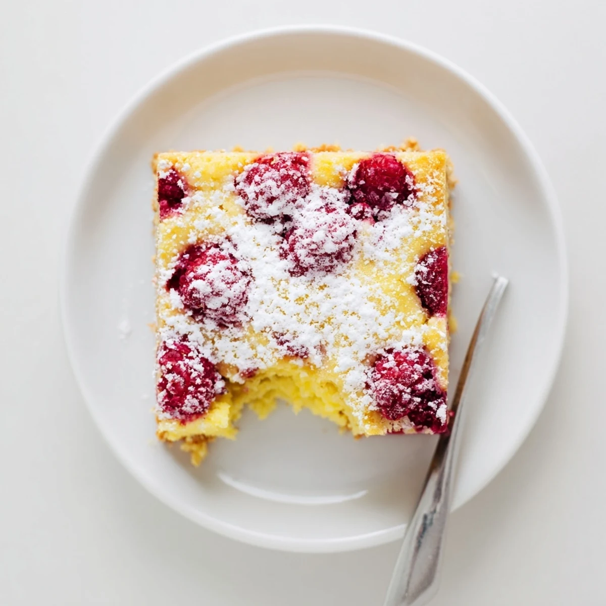 Square raspberry lemonade bars on white plate with lemon wedge garnish