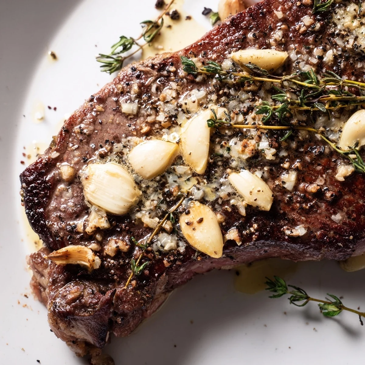 Perfectly seared garlic butter cast iron ribeye steak with golden crust and fresh herbs