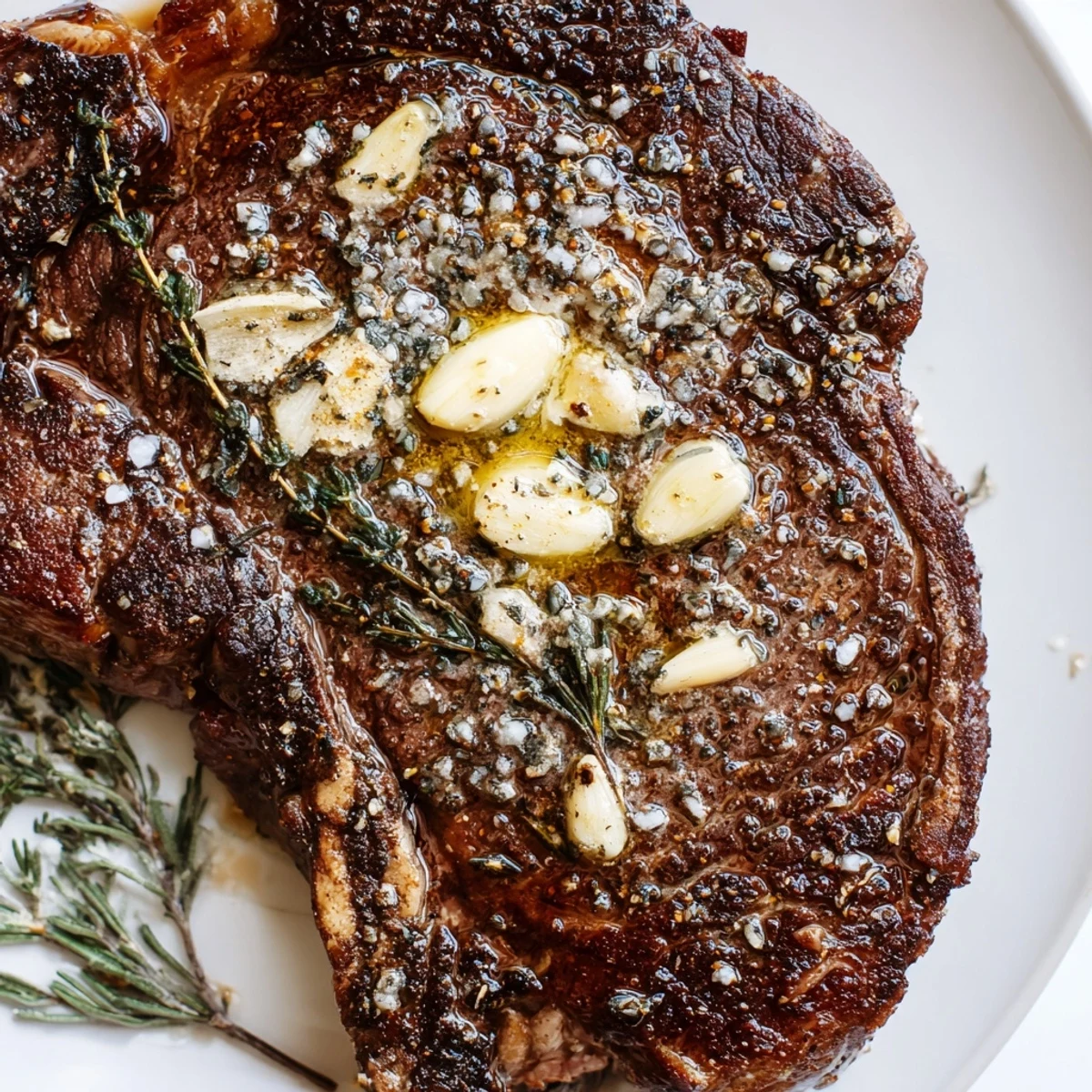 Juicy ribeye steak basting in aromatic garlic butter inside a hot cast iron skillet