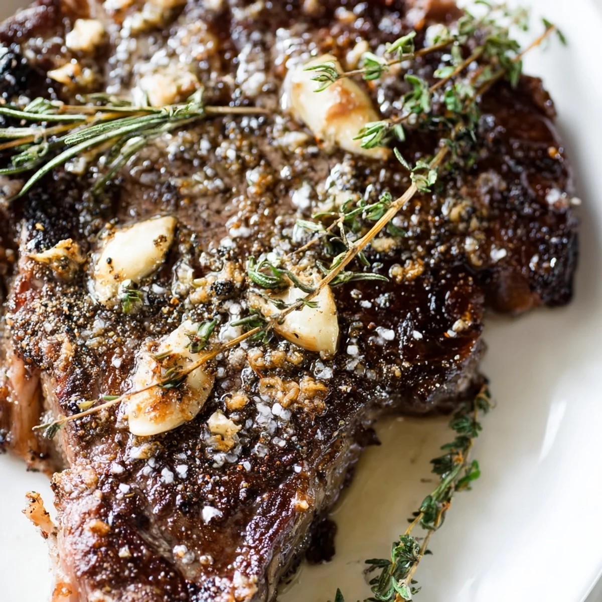 Sliced cast iron ribeye steak drizzled with melted garlic butter and sprinkled with flaky salt