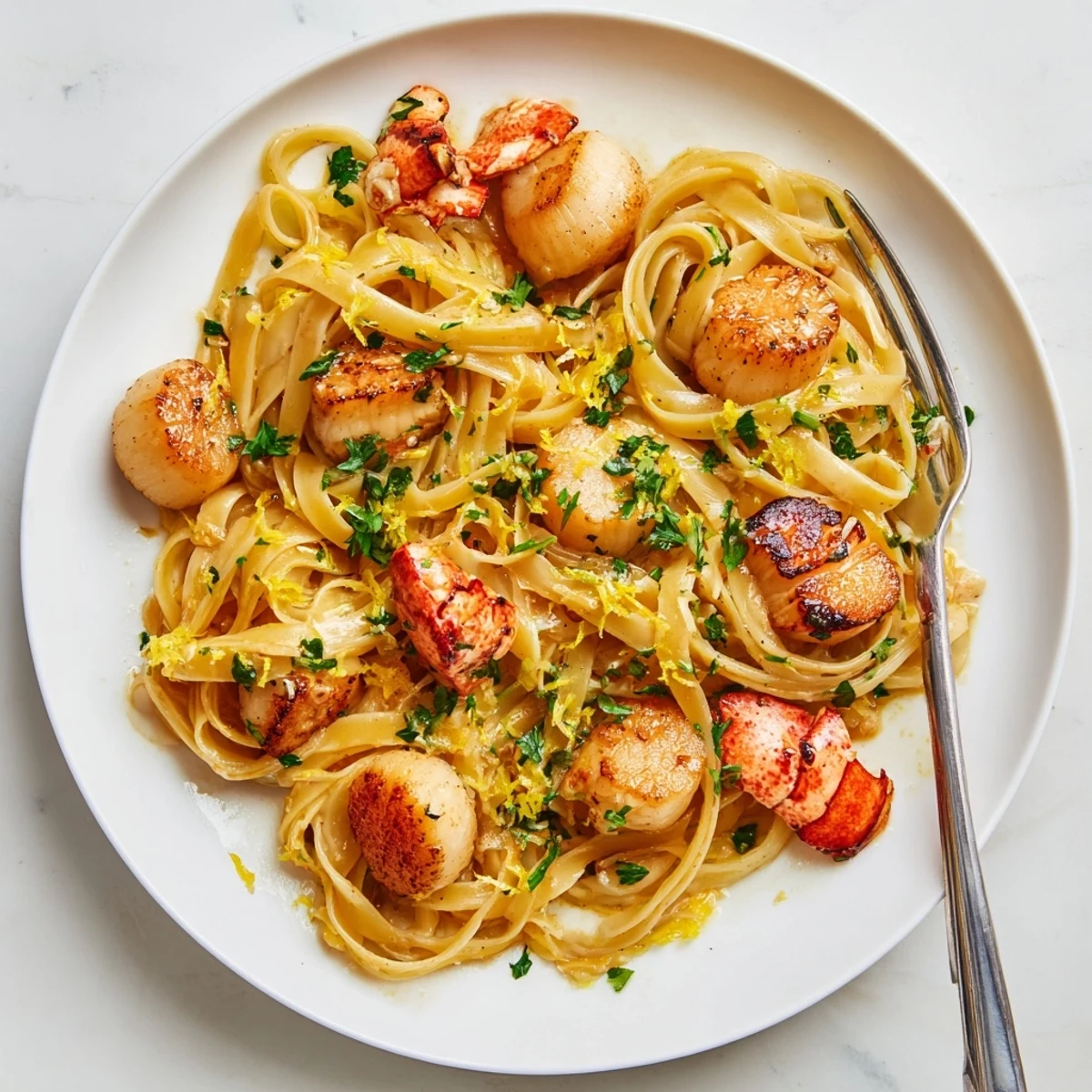 Golden lobster and scallop garlic butter linguine plated with fresh parsley and lemon wedges on a white ceramic dish