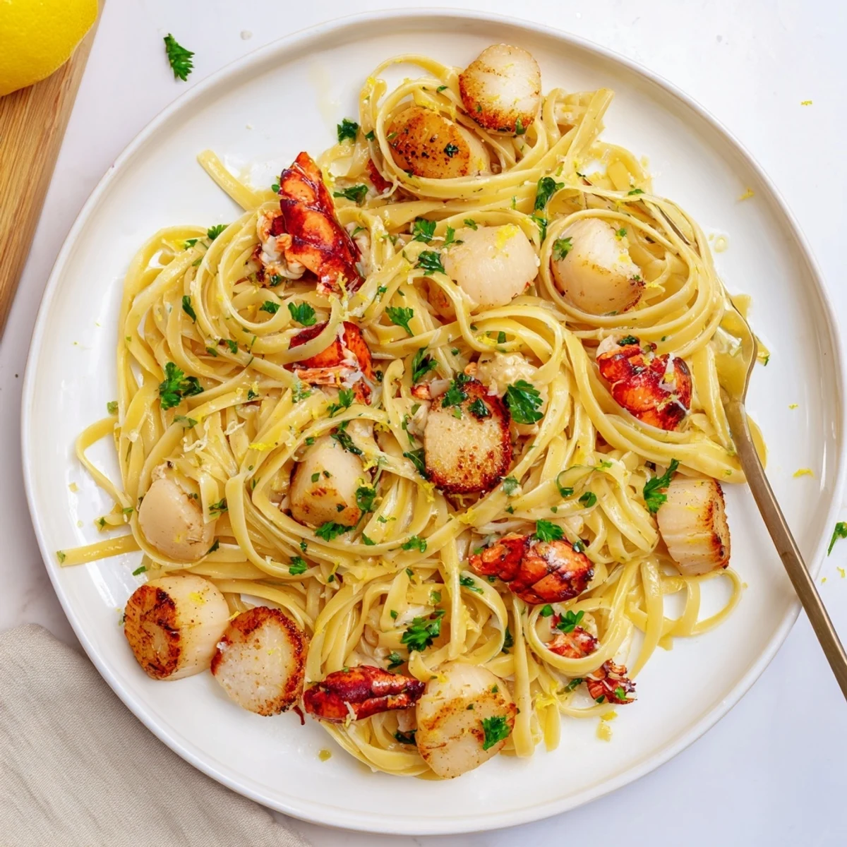 Twirled plate of lobster and scallop garlic butter linguine garnished with chopped herbs and bright lemon slices