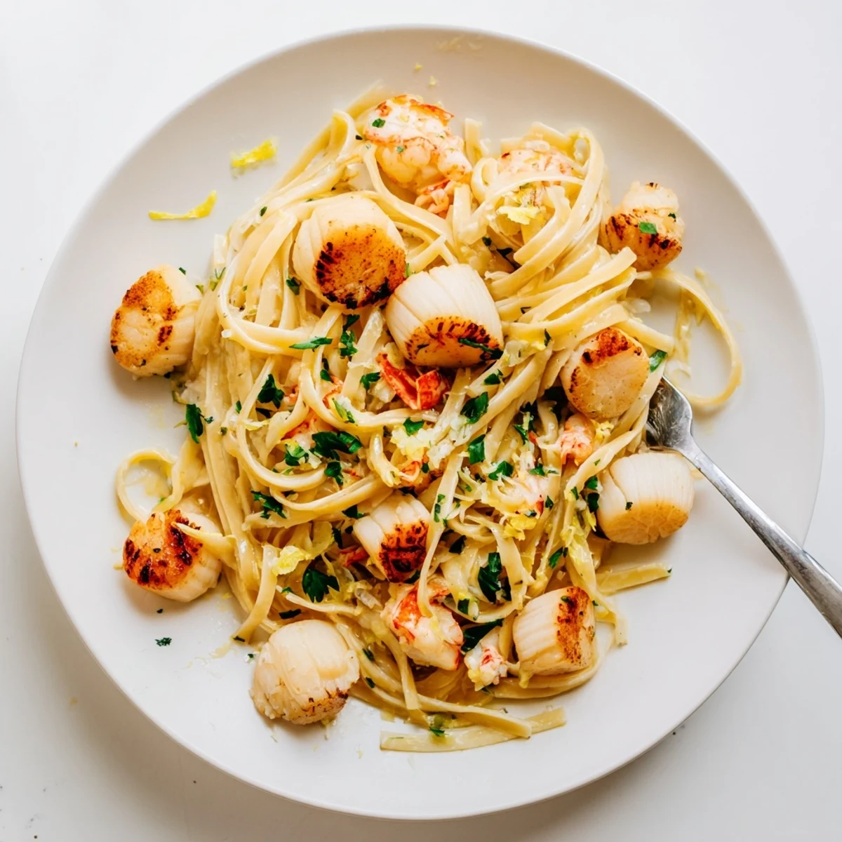 Creamy lobster and scallop garlic butter linguine tossed in a rich glossy sauce with tender seafood pieces throughout
