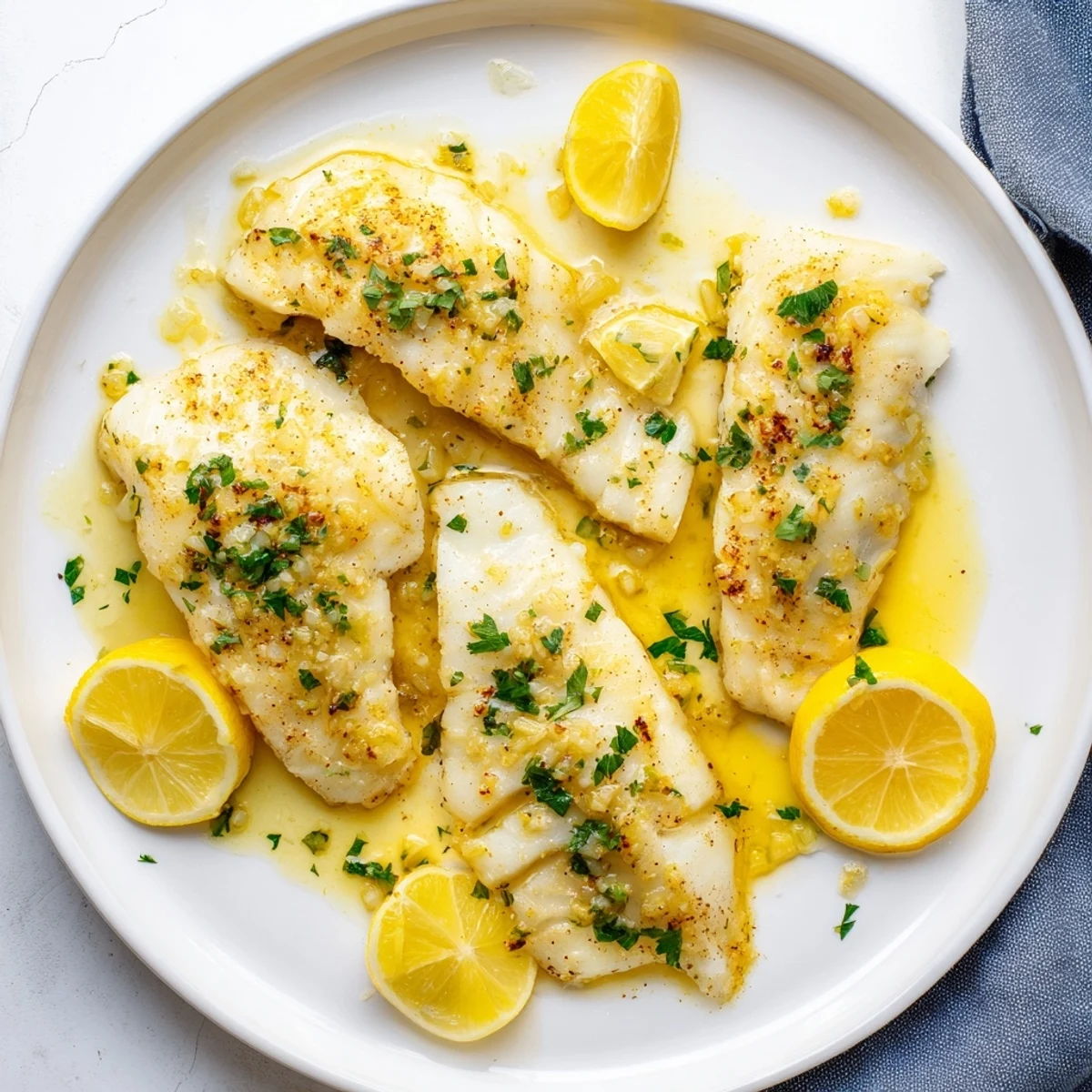 Golden baked lemon garlic cod fillets flake easily on a white plate