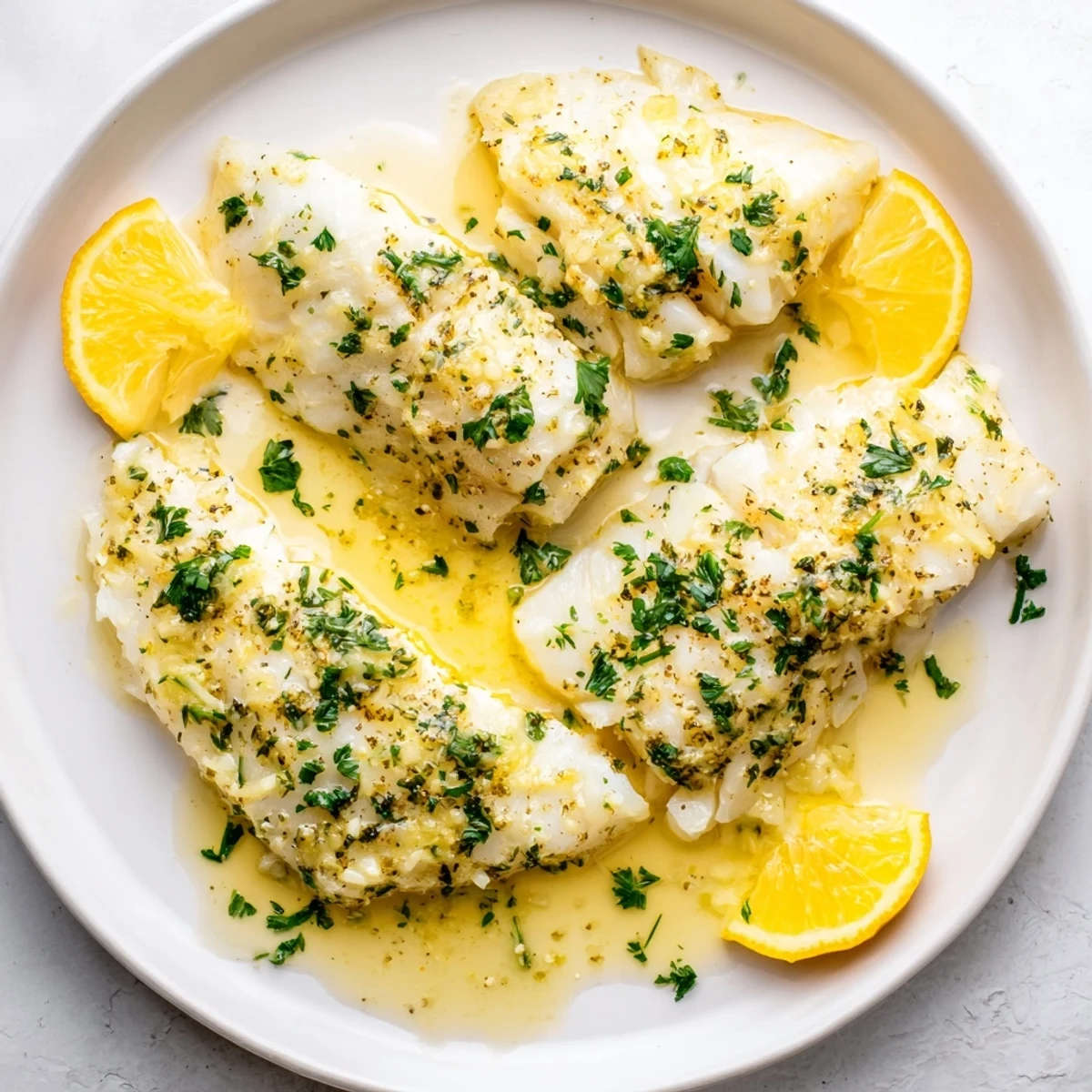 Tender white cod bakes in bright lemon butter with fresh parsley garnish
