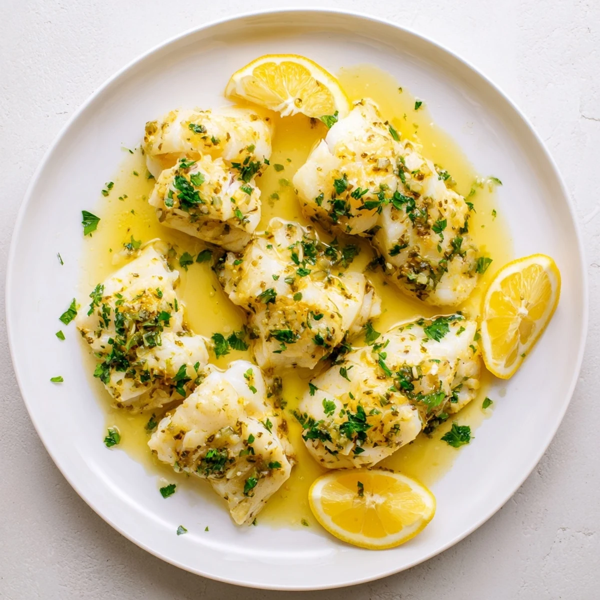 Mediterranean style cod fillets roasted with zesty garlic butter and lemon wedges