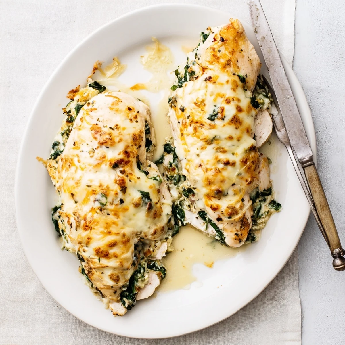 Juicy stuffed chicken breast sliced open revealing creamy spinach ricotta filling served with fresh herbs