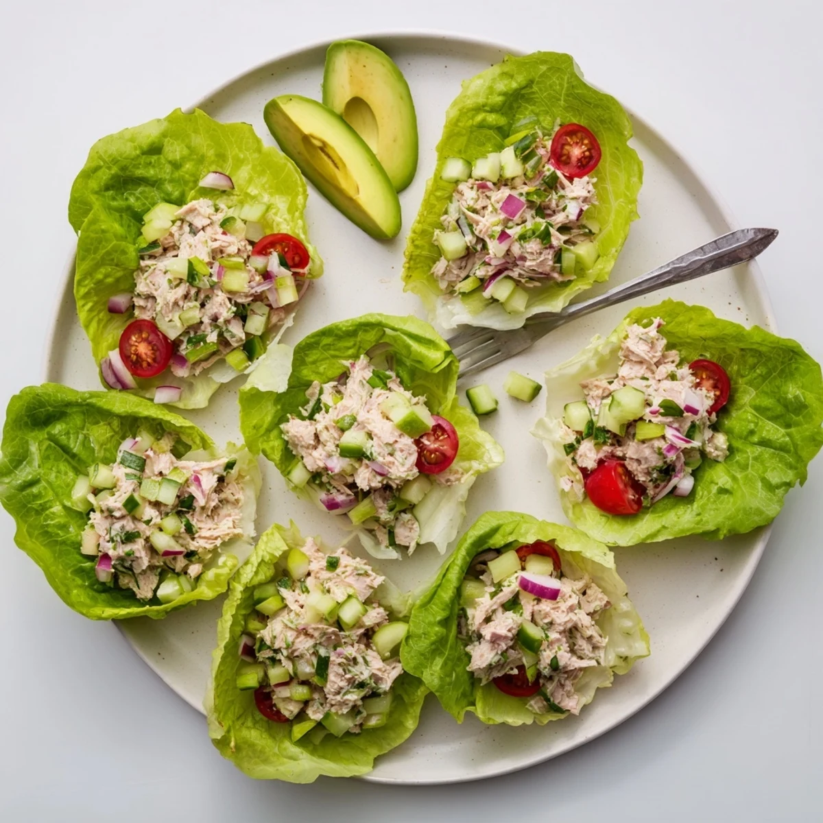 Tuna salad lettuce wraps featuring bright lemon flavor, diced celery, and ripe avocado garnish